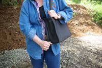 Concealment purses such as this Galco Paige are usually designed to ride on the right-handed user's left shoulder. You draw by stabilizing the purse with your left hand while opening the gun compartment with your right hand.